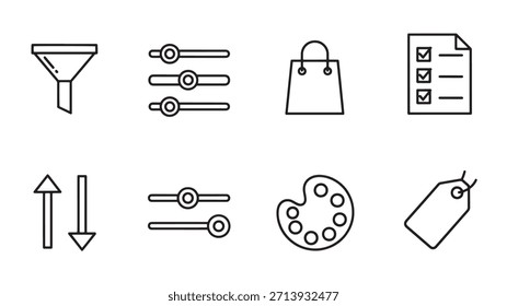 Colección de varios iconos de interfaz de usuario con embudo, bolsa de compras, lista de verificación, paleta, etiqueta de Precio y controles de ajuste