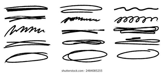 Collection of various underlines, strike throughs, ovals and crossed lines. Set of scribble childish style doodle lines. Hand drawn sketch elements for diagrams and school templates. Vector