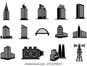 A collection of various urban architecture and infrastructure silhouette icons for modern design projects.