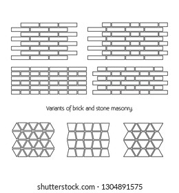 Collection of various variants of brick and stone masonry. Templates for construction or repair design.Vector isolated  elements. 