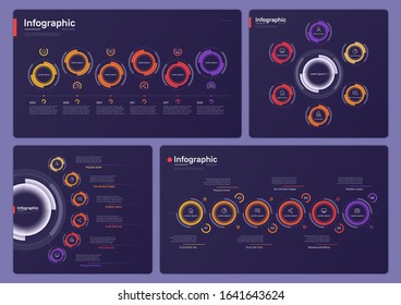 Collection of various vector infographic templates on a deep blue background. Six options.