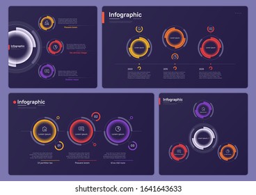 Collection of various vector infographic templates on a deep blue background. Three options.