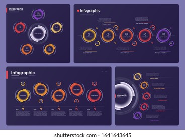 Collection of various vector infographic templates on a deep blue background. Five options.