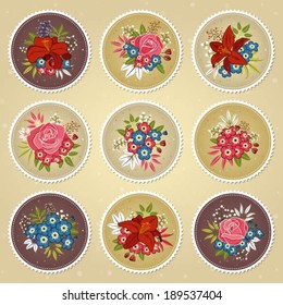 Collection of various vector round post stamps with beautiful bouquets of flowers