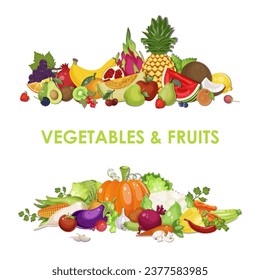 Collection of various vegetables and fruits. Organic healthy food. Set of pineapple, pumpkin, banana, pepper, melon, tomato. Natural vitamin plants. Fresh salad ingredients. Vector illustration.