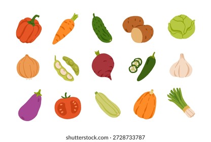 Sammlung von verschiedenen Gemüse einzeln auf weißem Hintergrund. Gesundes vegetarisches Essen. Bio-Pflanzen, Salate, Grünpflanzen und Kräuter. Farbige Vektorgrafik im flachen Cartoonstil