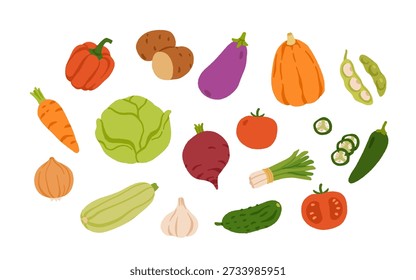 Sammlung von verschiedenen Gemüse einzeln auf weißem Hintergrund. Gesundes vegetarisches Essen. Bio-Pflanzen, Salate, Grünpflanzen und Kräuter. Farbige Vektorgrafik im flachen Cartoonstil