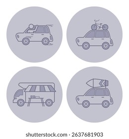 Collection of various vehicles, including car, bicycle-car combination, food truck, and distinct car with unique attachment. Transportation concept