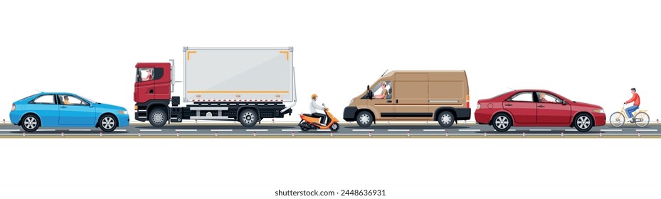 Collection Of Various Vehicles On Road. Sedan, Van, Truck And Motorbike, Bicycle. Car For Transportation, Cargo Services. City Or Urban Transport. Highway Side View. Vector Illustration In Flat Style