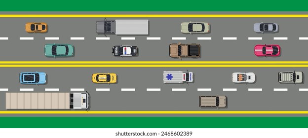 Kollektion verschiedener Straßenfahrzeuge. Roadster, Taxi, Polizei SUV, Krankenwagen, Limousine, LKW. Auto für Transport, Fracht und Notdienste. Highway-Draufsicht. Vektorillustration im flachen Stil