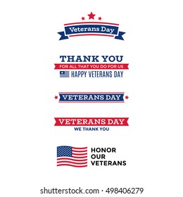 Collection of various Veterans Day labels, emblems, symbols, icons and badges