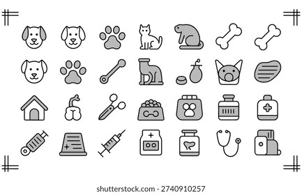 Collection of various veterinary icons including animals, pet care items, and medical supplies symbolizing comprehensive pet care and veterinary services for clinics and pet services providers.