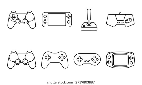 Collection of various video game controllers drawn in a simple black outline style, including gamepads, handheld consoles, and a classic joystick for retro and modern gaming concepts