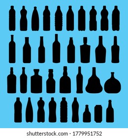 Collection of various vine, beer and plastic bottles silhouettes