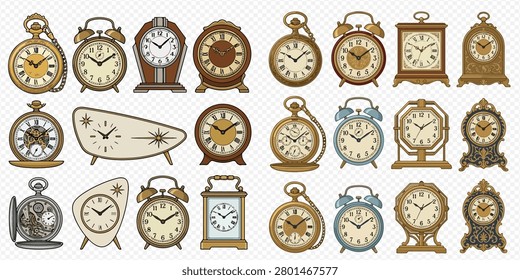 A collection of various vintage and antique clocks, including pocket watches, alarm clocks, and mantel clocks, showcasing diverse designs.
