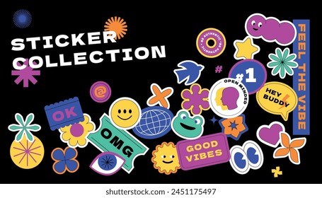 A collection of various vivid patches, stickers, labels, tags. Vector groovy design elements of different shapes.