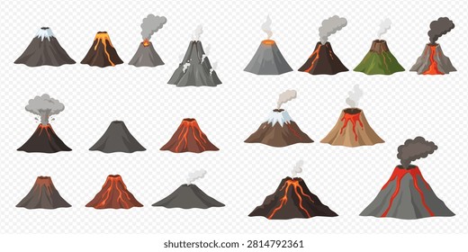 A collection of various volcano illustrations, depicting different stages of eruption, lava flows, and dormant states, with diverse colors and styles.