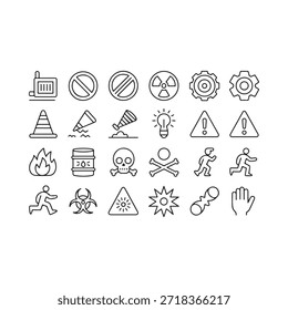 Collection of various warning and danger signs in a simple line art style
