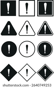 Collection of various warning symbols with exclamation mark in black and white, vector illustration