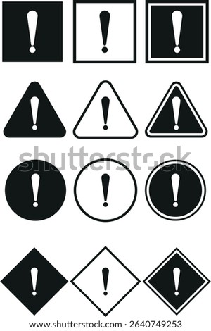 Collection of various warning symbols with exclamation mark in black and white, vector illustration