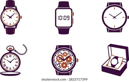 A collection of various watch icons including analog, digital, pocket, and mechanical timepieces displayed with a professional flat design style.
