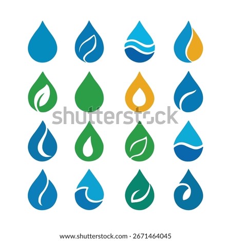 Collection of various water drop icons and symbols representing purity nature and refreshment