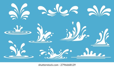 Collection of various water splash designs on a blue background.