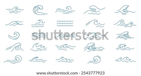 A collection of various wave illustrations in a minimalist style, showcasing different wave shapes and patterns. The designs are simple and elegant, suitable for backgrounds or decorative purposes.