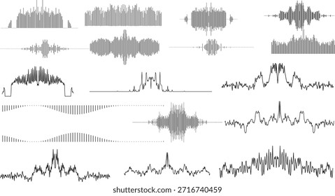 Collection of various waveform and sound wave graphics for audio visualization