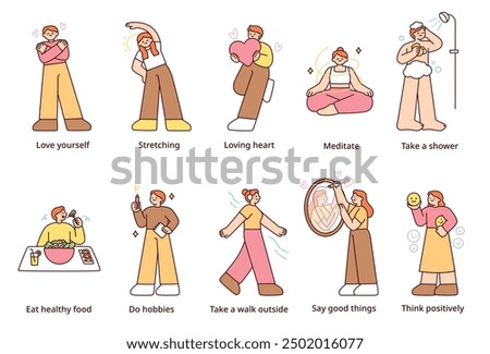 A collection of various ways to maintain a healthy mentality with a positive mind. outline simple vector illustration.