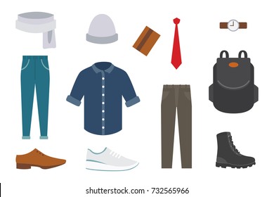 Collection of various wear and shoes for cold season. Mens autumn look. Clothing in flat style design