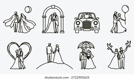 Coleção de vários casais de casamento no amor relacionamentos românticos e ilustrações de lua de mel estilo de arte de linha