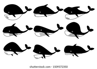 A collection of various whales, black and white paintings of ocean mammals. For illustration, art, children's books, wallpaper designs