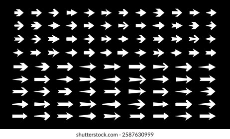 A collection of various white arrows on a black background. Different arrow styles, directions, and shapes. Arrows pointing left, right, up, and down. Element vector set.