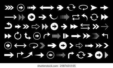 A collection of various white arrows on a black background. Different arrow styles, directions, and shapes are displayed in a grid format. Element vector set.