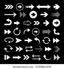 Collection of various white arrows on a black background. Includes straight, curved, and circular arrows. Diverse arrow designs for navigation and direction. Element vector set.