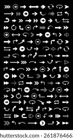 A collection of various white arrows on a black background. Arrows point in different directions, showcasing diverse arrow styles and shapes. Element vector set.