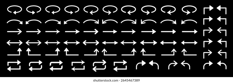 A collection of various white arrows on a black background. Arrows point in different directions, including curved, straight, and angled arrows. Directional arrows set. Element vector set.
