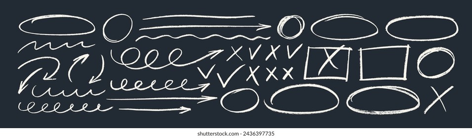 Collection various white chalk arrows, ovals, frames and check marks on blackboard. Hand drawn crayon symbols for hand drawn diagrams. Vector doodle rough marker drawing. Chalked arrows and checkboxes