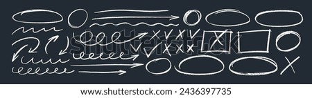 Collection various white chalk arrows, ovals, frames and check marks on blackboard. Hand drawn crayon symbols for hand drawn diagrams. Vector doodle rough marker drawing. Chalked arrows and checkboxes