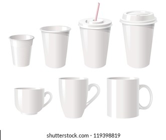 Collection of various white coffee cups isolated on white background, vector illustration svg