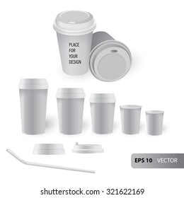 Collection of various white coffee cups mockup isolated on white background, vector illustration