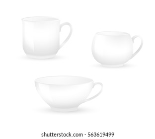 Collection of various white coffee cups isolated on white background