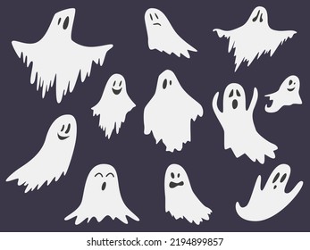 Collection of various white flat ghosts. Vector illustration for Halloween 