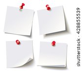 Collection of various white note papers with curled corner, pinned red pushbutton, ready for your message. Vector illustration. Isolated on white background. Front view. Top view. Close up.