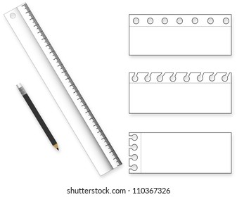 Collection of various white note papers, ready for your message. Vector illustration and pencils Ruler.