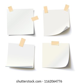 Collection of various white note papers with curled corner and adhesive tape, ready for your message. Vector illustration. Isolated on white background. Front view. Top view. Close up.