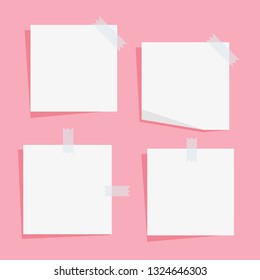 Collection of various white note papers with curled corner and adhesive tape, ready for your message. Vector illustration. Isolated on background. Using in school or office activity. easy to modify