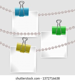 Collection of various white note papers pin with document clips ready for your message. Vector illustration Isolated on white background.