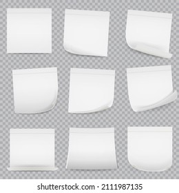 Collection of various white note papers, ready for your message. Office reminder sticker pages with curled corners. Wall notepad for scribbles vector set